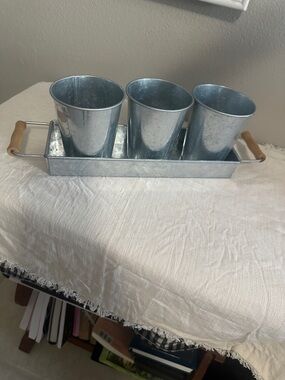 Galvanized Metal Trio Set with Tray and Wood Handles